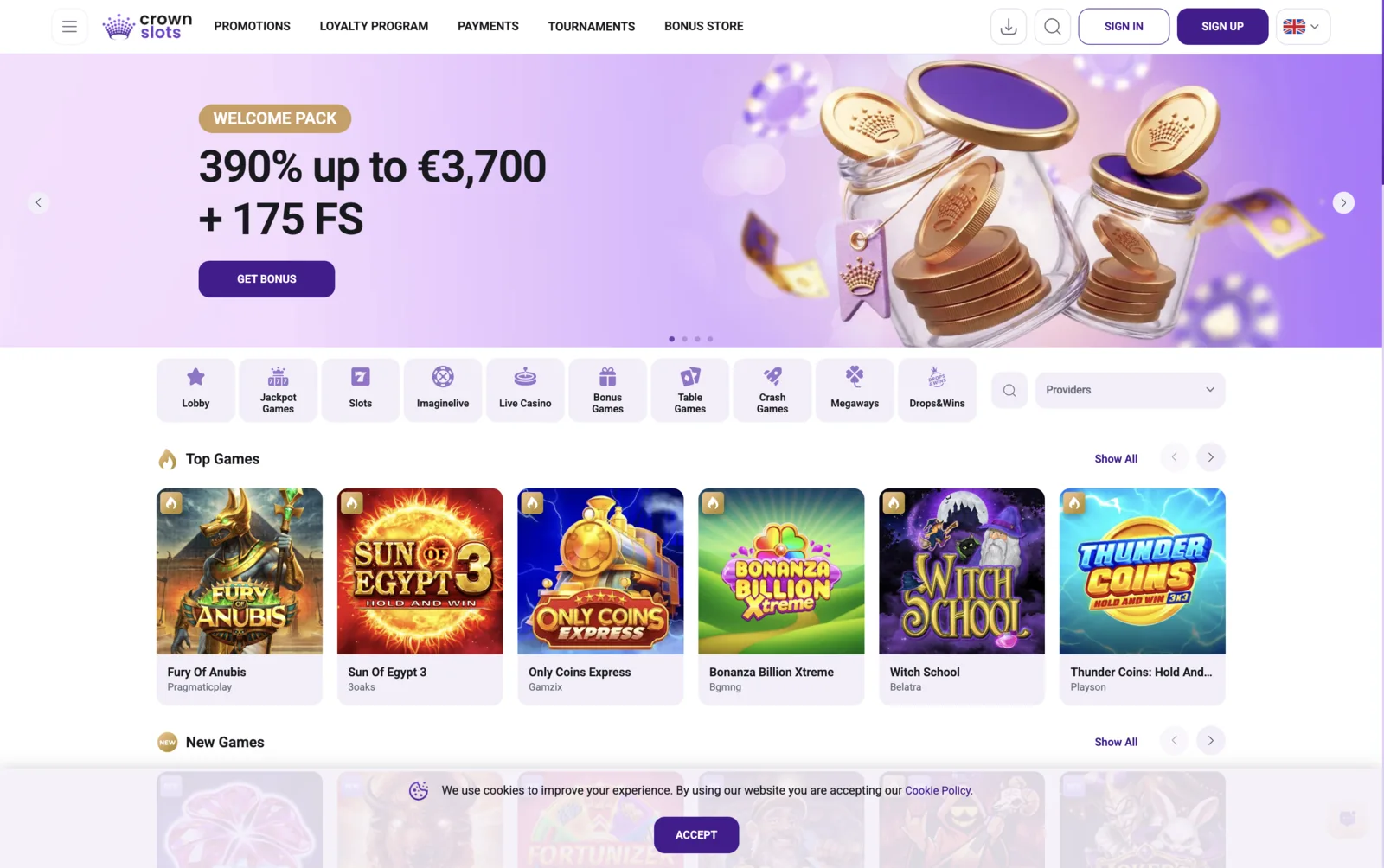 The CrownSlots lobby on a lilac hero banner reading Welcome Pack, 390% up to €3,700 plus 175 FS, above a Get Bonus button; category tiles run from Lobby and Jackpot Games to Megaways and Drops&Wins, over a Top Games row led by Fury Of Anubis and Sun Of Egypt 3.