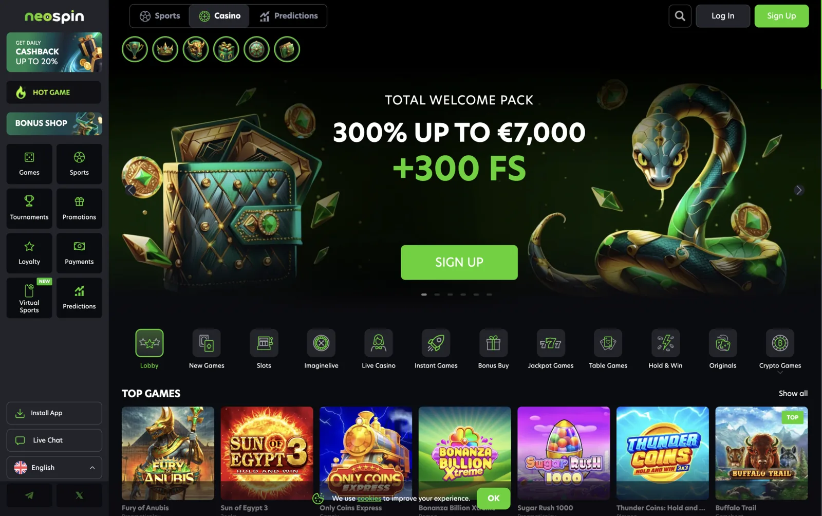 The Neospin lobby in dark green: a snake-themed hero reading Total Welcome Pack, 300% up to €7,000 plus 300 FS, above a Sign Up button, with Sports, Casino and Predictions tabs on top and a left rail running from Games to Virtual Sports.